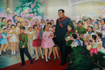 Binnen in het jeugdpaleis bleek, uit deze afbeelding, dat Kim Il-Sung enorm geliefd was onder de jeugd.