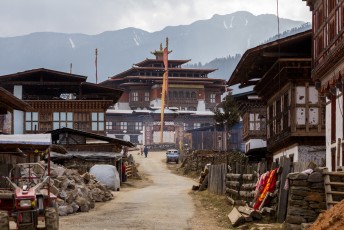 De toegangsweg naar de dzong in de Phobjikha vallei.