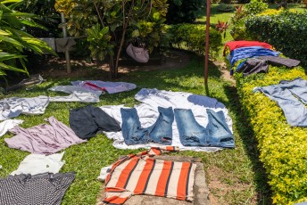 In Afrika worden gewassen kleren vaak zo gedroogd, weten we ook weer waarom we vaak beestjes in onze kleding aantreffen.